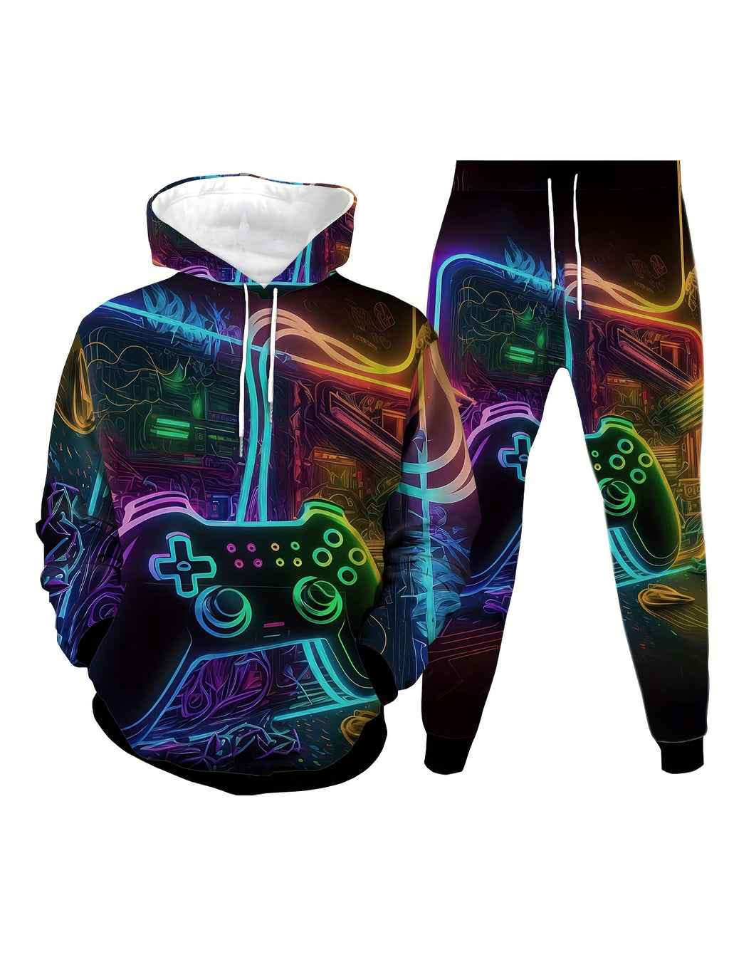 Game Console Printed Men's 2-piece Casual Hooded Sweatshirt Long Sleeved Sweatshirt Sweatpants Set Suitable For Winter And Autumn Men's Wear