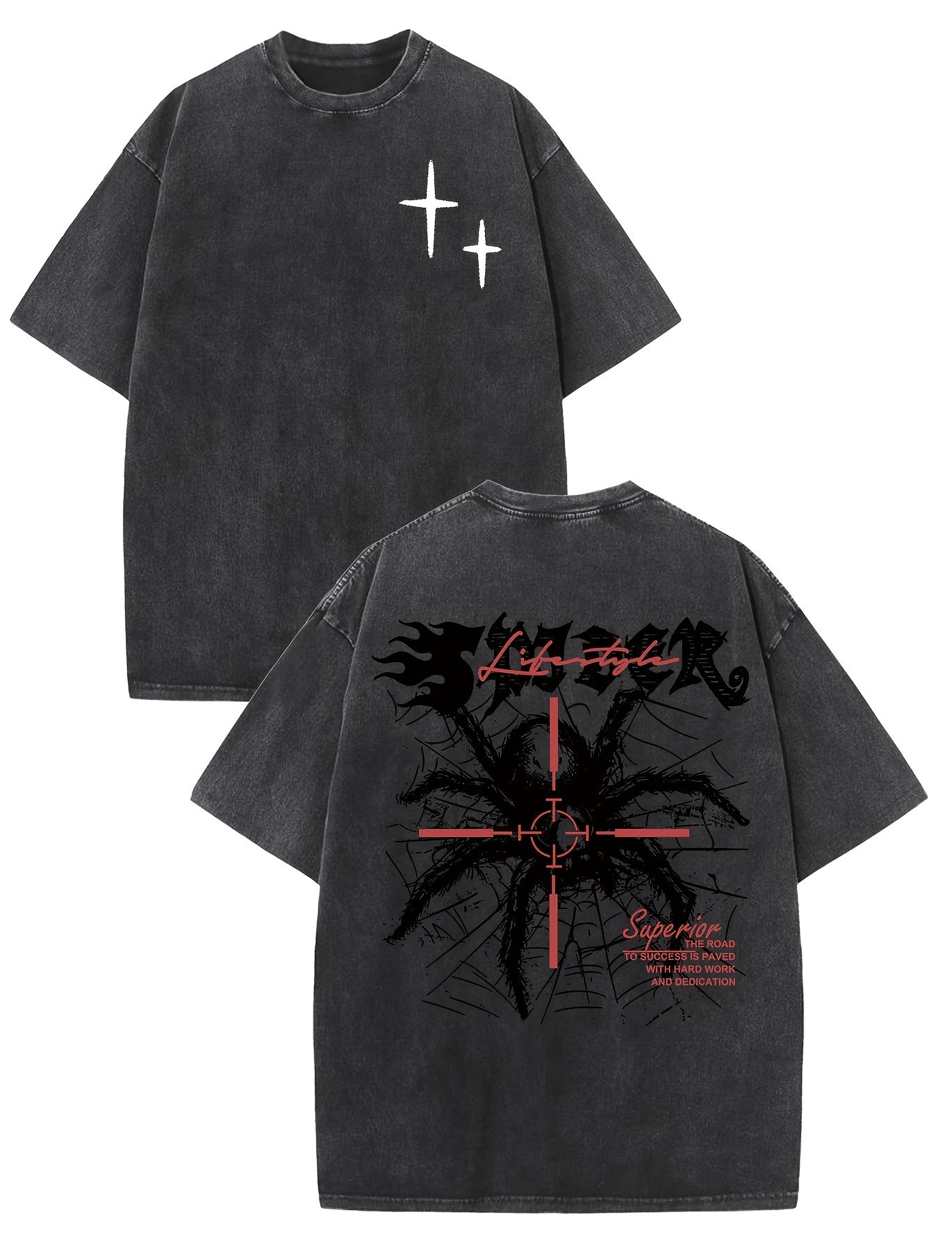 Retro Harajuku Street Spider Double-sided Print Pattern, Men's Retro Street Wear Basic T-shirt Loose Hip Hop Neutral Top Washed Cotton Short-sleeved Round Neck T-shirt, Summer Outdoor Men's Wear