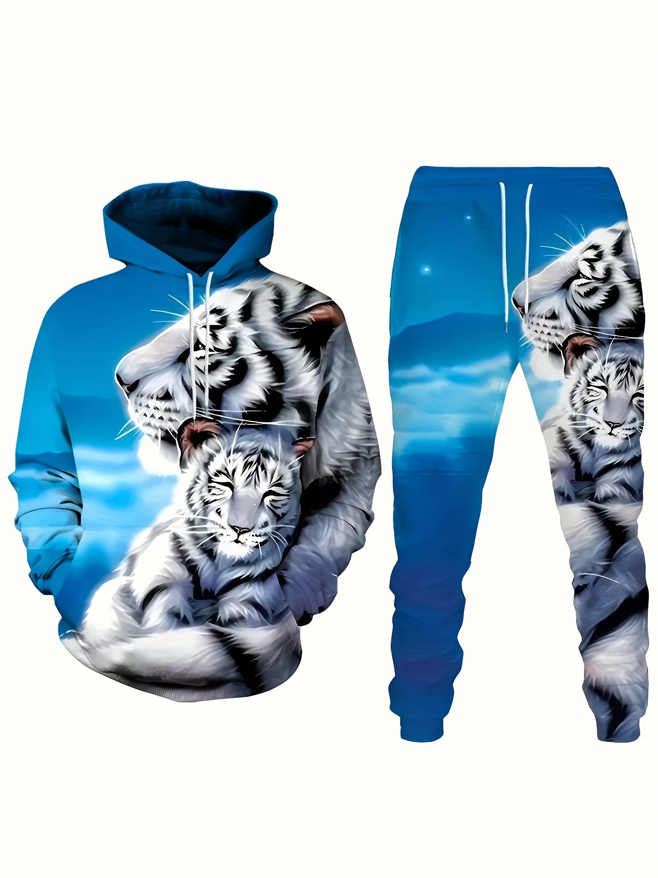 Men's Casual Tiger Print Men's 2-piece Set Casual Hooded Sweatshirt Long Sleeved Sports Shirt Sports Pants Set Suitable For Winter And Autumn Men's Wear