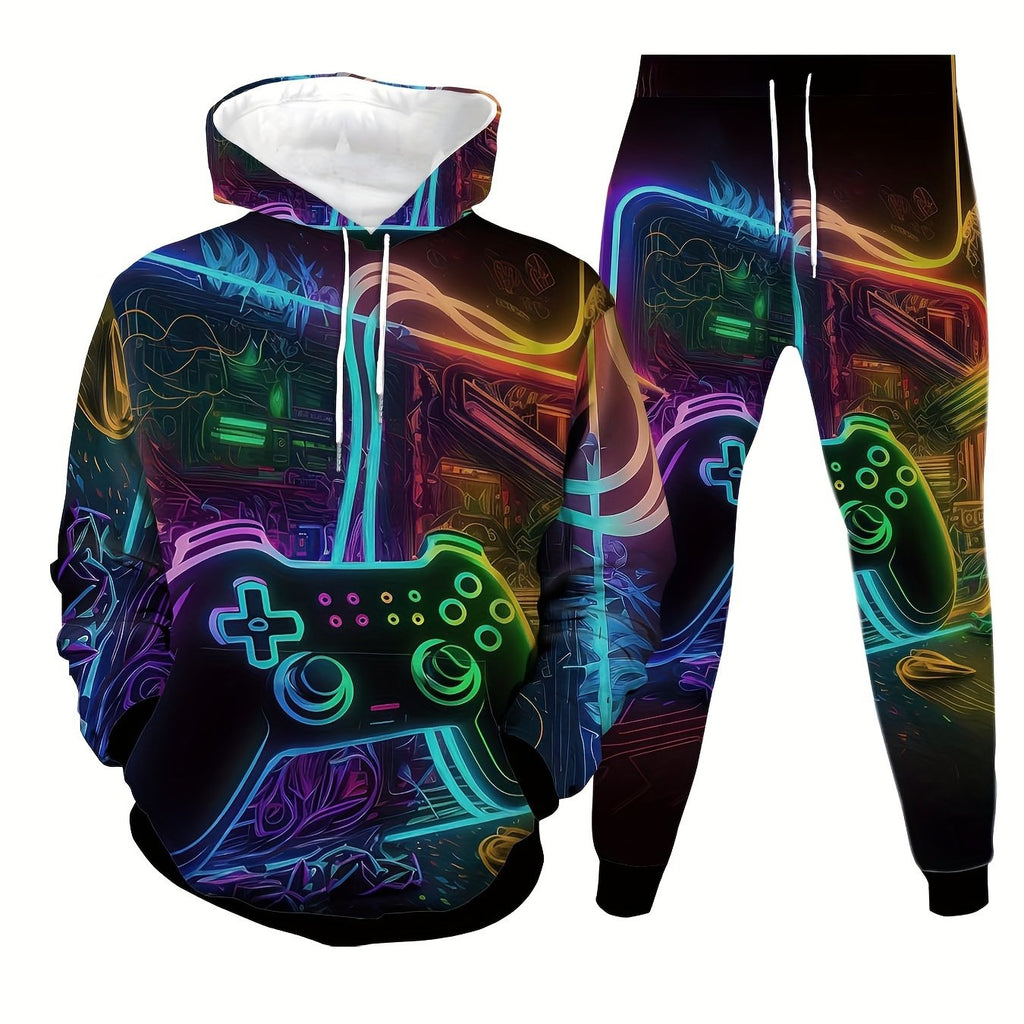 Game Console Printed Men's 2-piece Casual Hooded Sweatshirt Long Sleeved Sweatshirt Sweatpants Set Suitable For Winter And Autumn Men's Wear