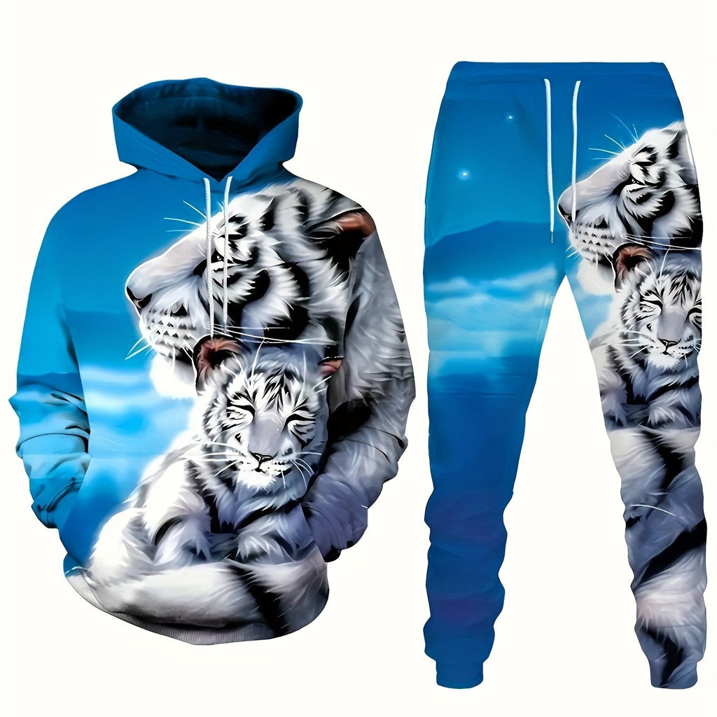 Men's Casual Tiger Print Men's 2-piece Set Casual Hooded Sweatshirt Long Sleeved Sports Shirt Sports Pants Set Suitable For Winter And Autumn Men's Wear