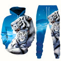 Men's Casual Tiger Print Men's 2-piece Set Casual Hooded Sweatshirt Long Sleeved Sports Shirt Sports Pants Set Suitable For Winter And Autumn Men's Wear
