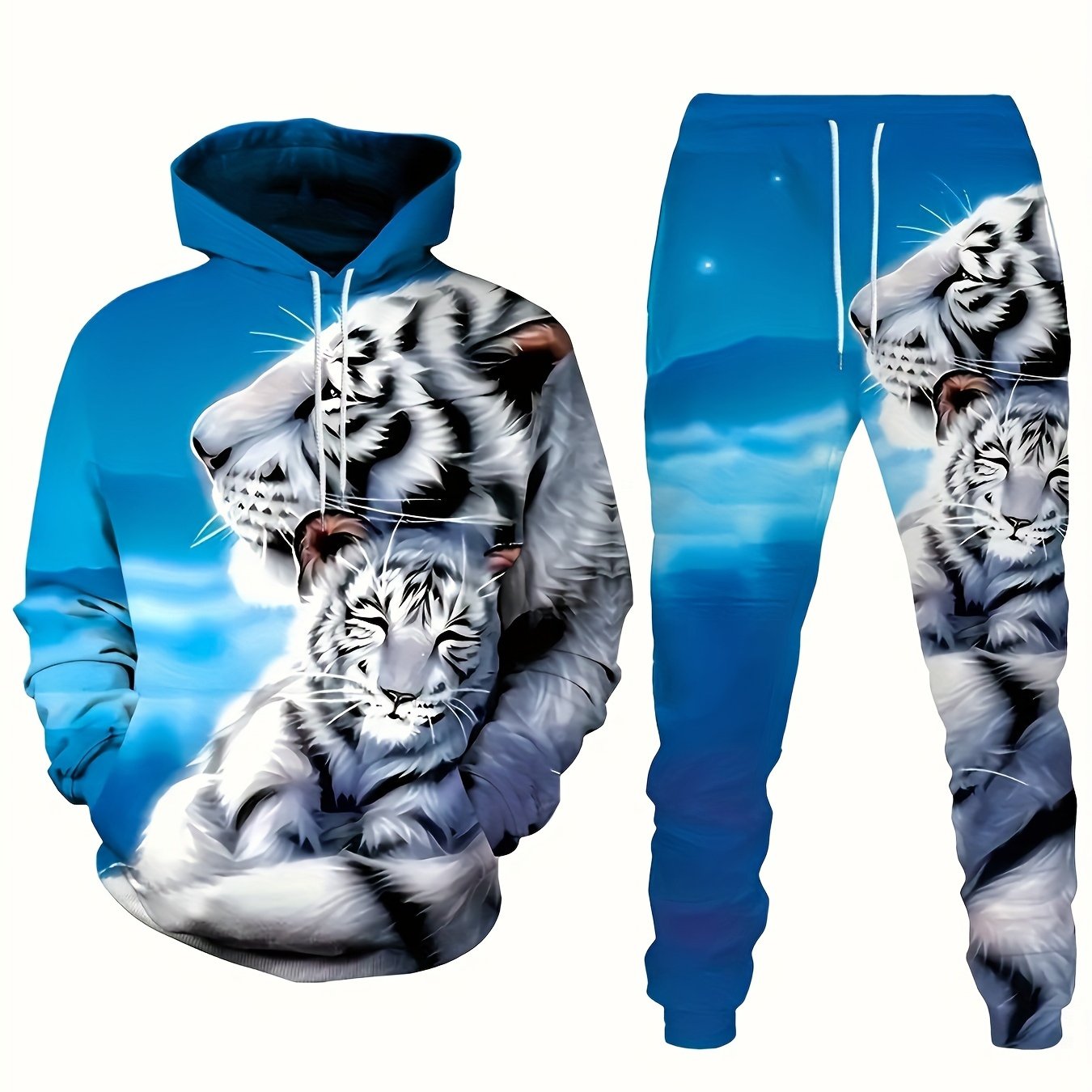 Men's Casual Tiger Print Men's 2-piece Set Casual Hooded Sweatshirt Long Sleeved Sports Shirt Sports Pants Set Suitable For Winter And Autumn Men's Wear