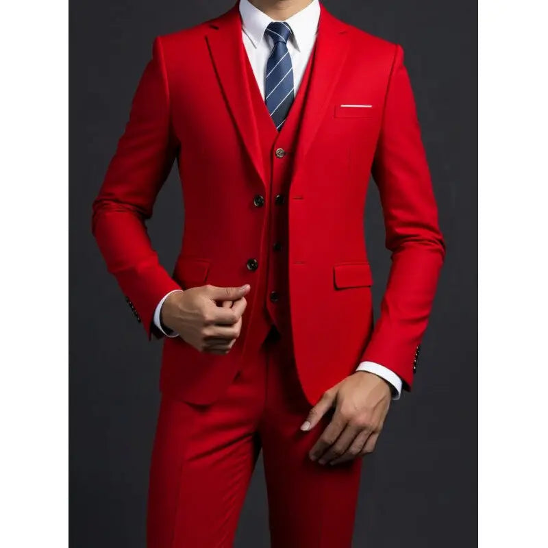 Suit (Blazer+ Vest + Trousers) Men's Fashionable Gentleman Business British Style Solid-color Banquet Host Casual Wedding Suit
