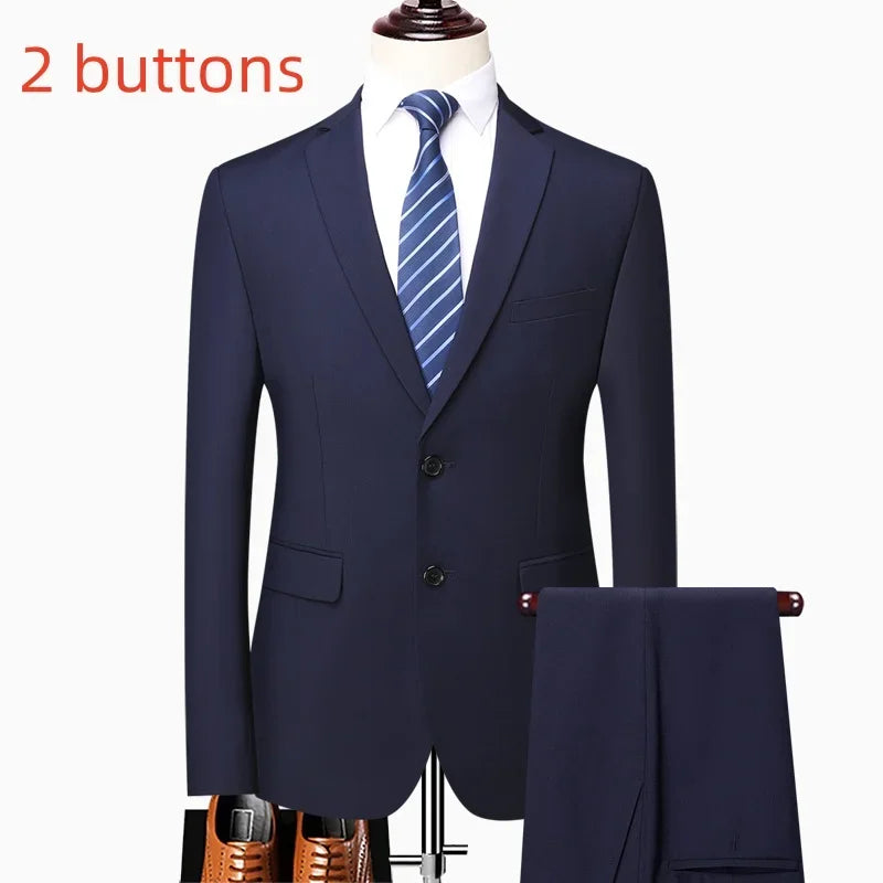 Suit (Blazer+ Pants) Fashion Men Business Casual British Style Solid Color Wedding Outdoor Gentleman Slim Professional Suit Suit