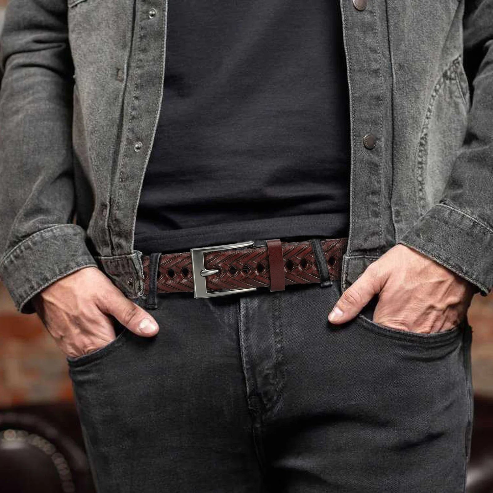 Men Belts Genuine Leather LONG Large Pin Buckle Metal Automatic Buckle High Quality Braided Vintage Casual for Jeans Women Strap