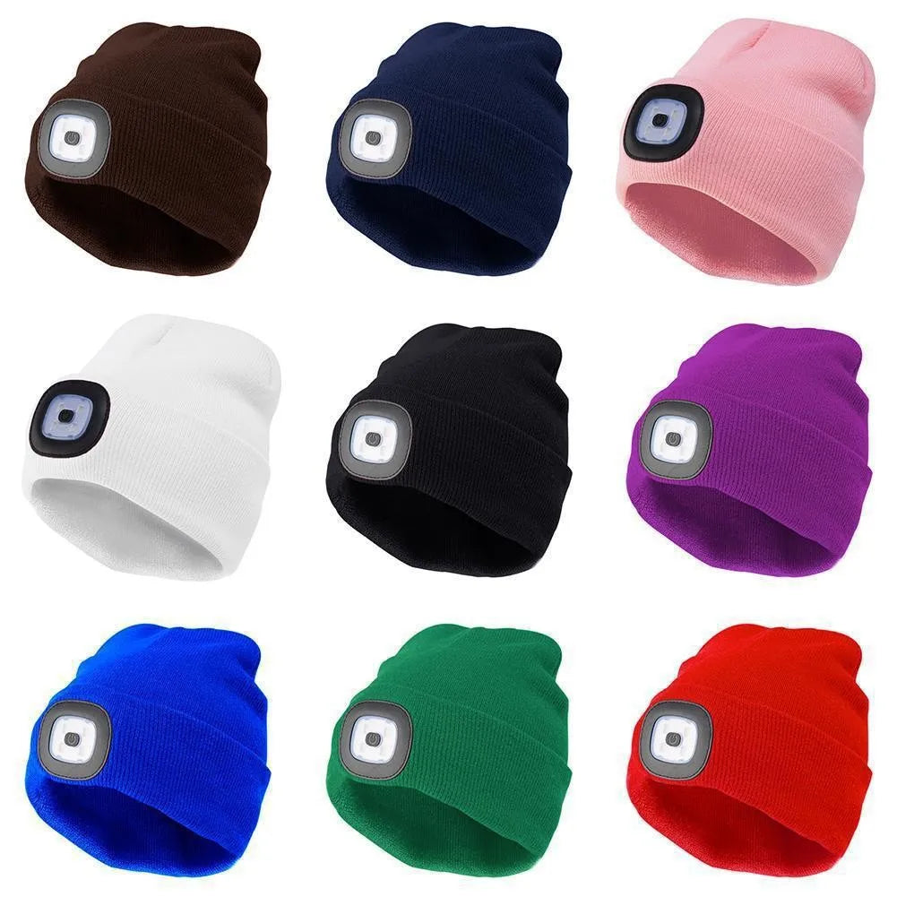 Winter Men Beanie Hat with LED Light Rechargeable Knitted Hat for Woman Cap Night Running Fishing Riding Sports Teenager Beanies