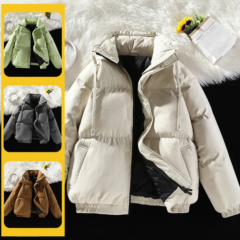 Winter Men Jacket New Leisure Simple Solid Color Stand Collar Male Outerwear Thicken Warm Loose Long Sleeve Zipper Soft Man Coat