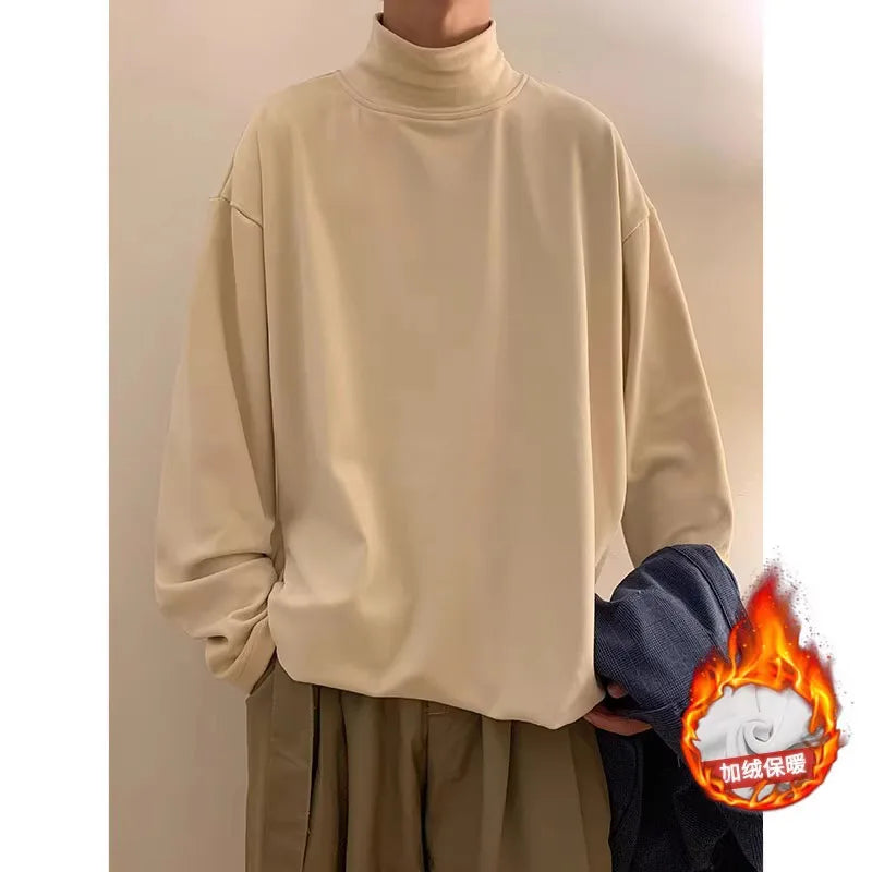 Winter T Shirt For Men Long Sleeve Tshirts Thermal Underwear Solid Color With Thin Fleece Undershirt Men Clothing Oversized