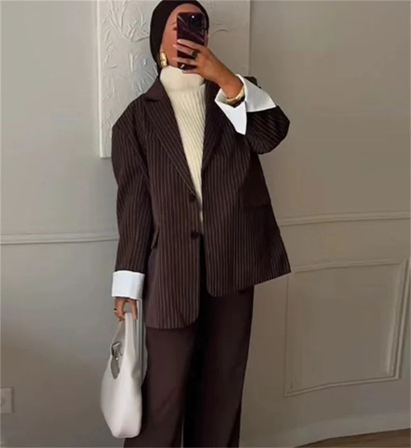 Women's Suit - Blogger Style Brown Striped Loose Fit Two-Button Versatile Blazer Spring and Autumn Fashion Women's Wear