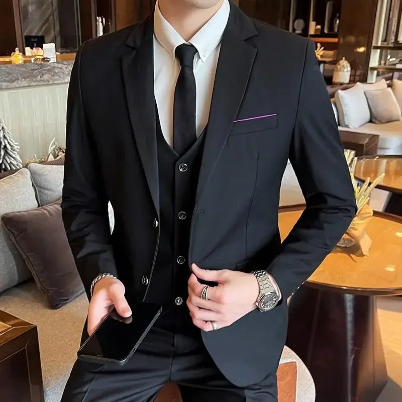Suit  (Blazer+vest+pants)  Fashionable and Formal Outdoor Gentleman Solid Color Men's Business Wedding Host Gentleman's Suit