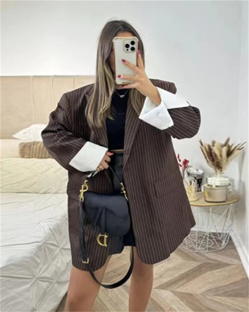 Women's Suit - Blogger Style Brown Striped Loose Fit Two-Button Versatile Blazer Spring and Autumn Fashion Women's Wear