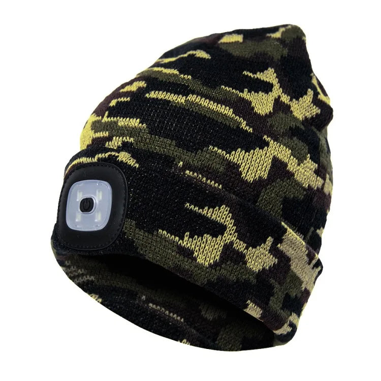 Winter Men Beanie Hat with LED Light Rechargeable Knitted Hat for Woman Cap Night Running Fishing Riding Sports Teenager Beanies
