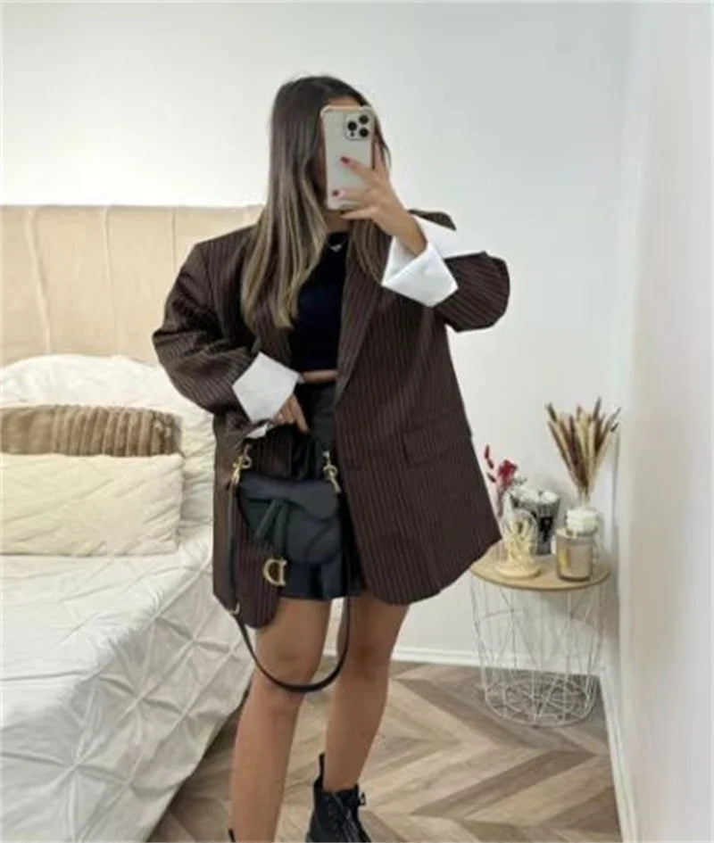 Women's Suit - Blogger Style Brown Striped Loose Fit Two-Button Versatile Blazer Spring and Autumn Fashion Women's Wear