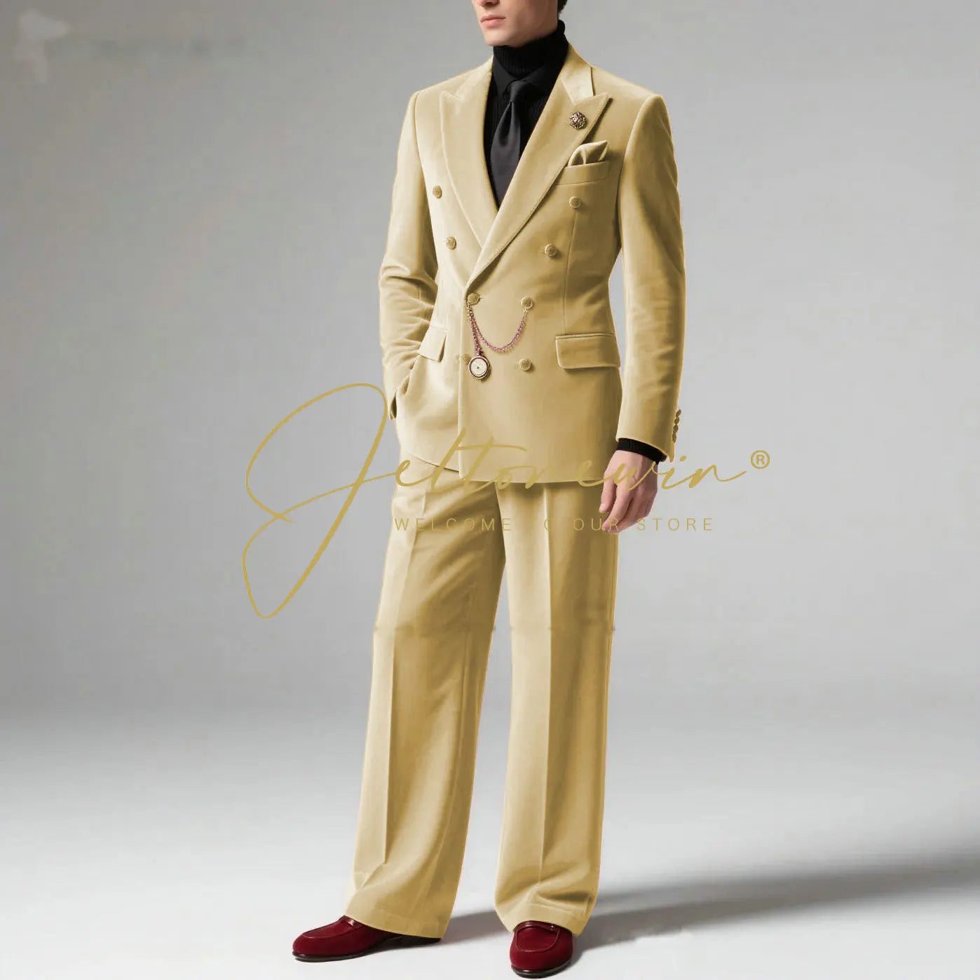 Men's Blazer Suit Dark Grey Velvet Peak Lapel Double Breasted Slim fit Groomsmen Jacket Pants Formal Wedding Party Tuxedos