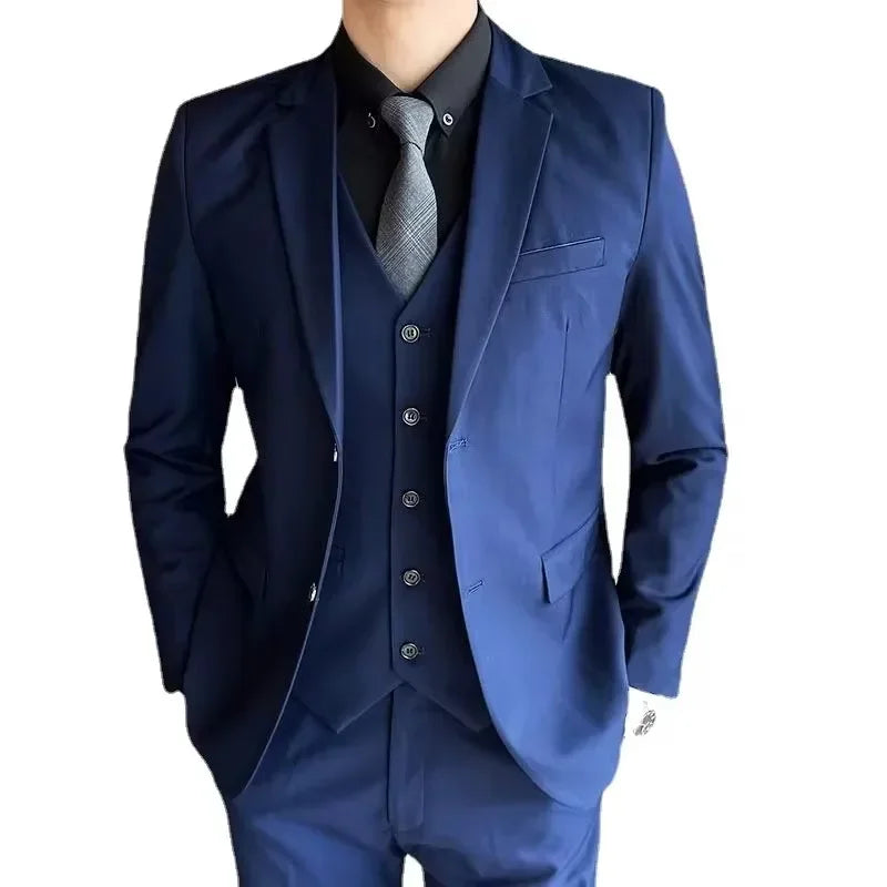 Suit  (Blazer+vest+pants)  Fashionable and Formal Outdoor Gentleman Solid Color Men's Business Wedding Host Gentleman's Suit