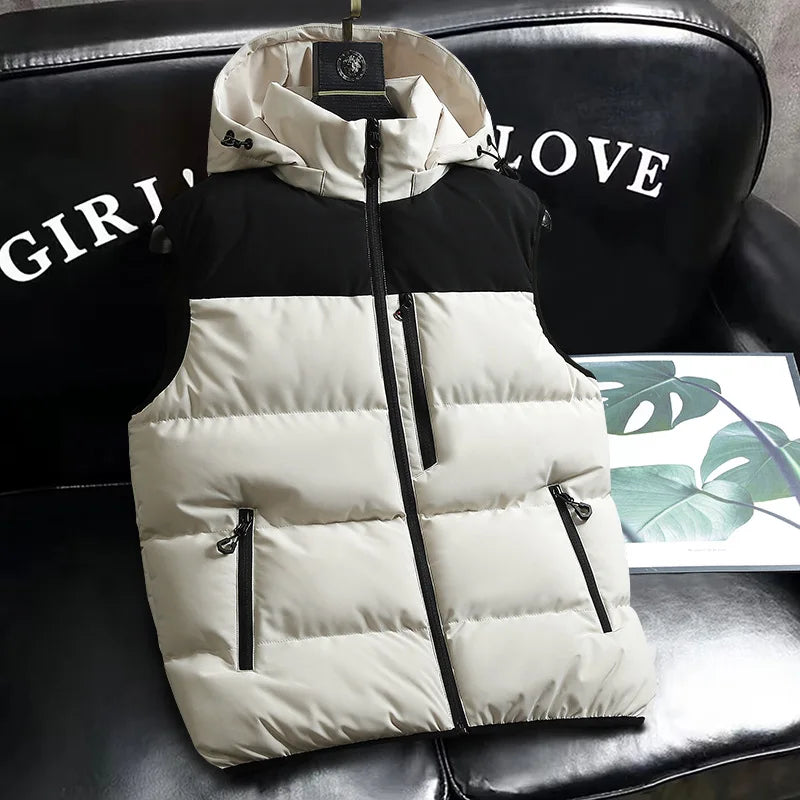 Winter Men Down Vest Contrast Color Cold-proof Windproof Sleeveless Zipper Man Coat Warm Pocket Detachable Hooded Male Waistcoat