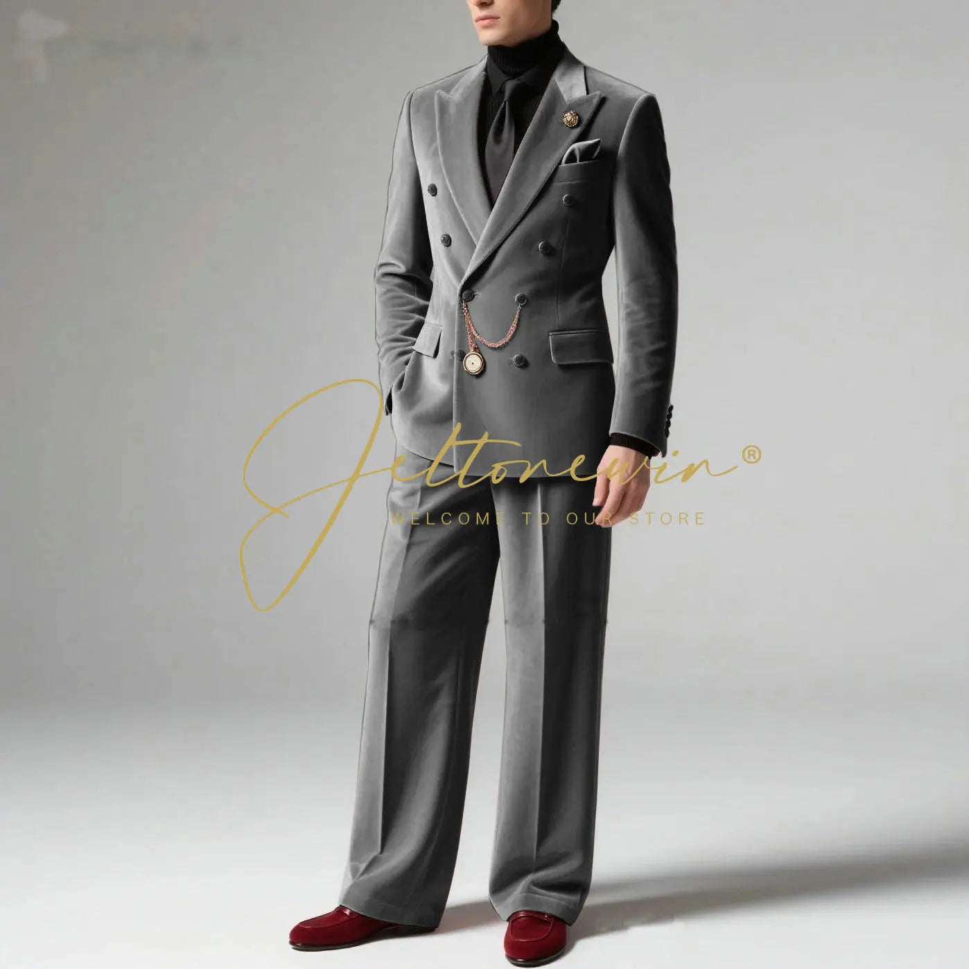 Men's Blazer Suit Dark Grey Velvet Peak Lapel Double Breasted Slim fit Groomsmen Jacket Pants Formal Wedding Party Tuxedos