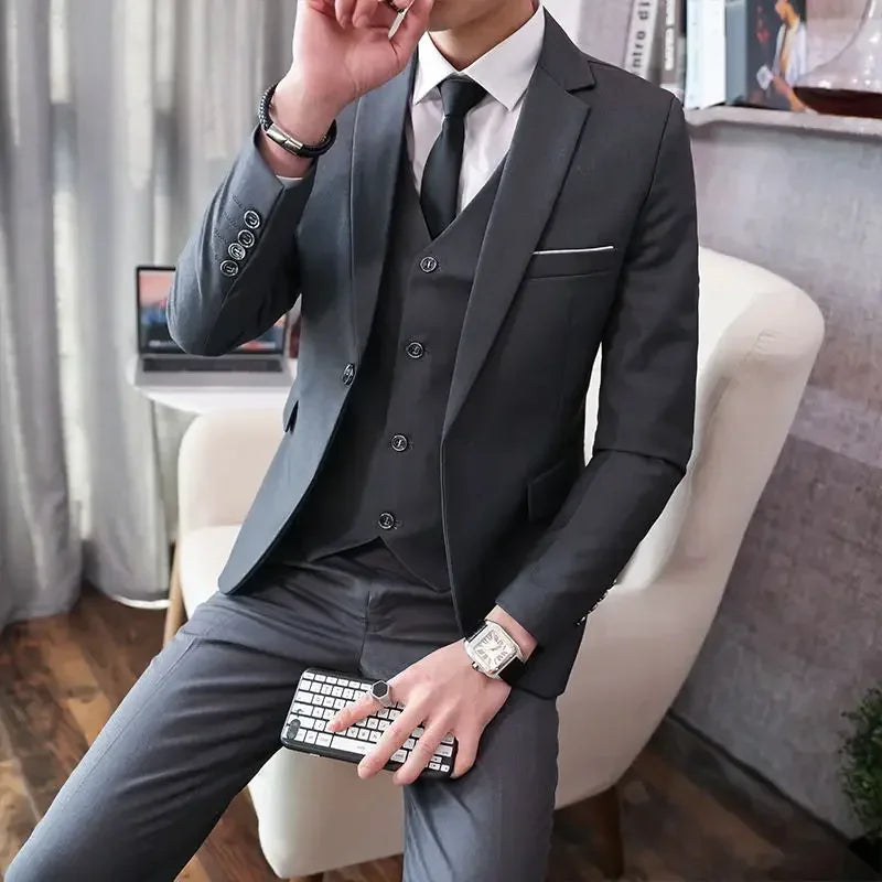 Suit  (Blazer+vest+pants)  Fashionable and Formal Outdoor Gentleman Solid Color Men's Business Wedding Host Gentleman's Suit