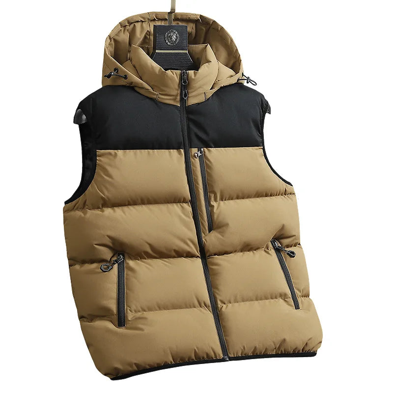 Winter Men Down Vest Contrast Color Cold-proof Windproof Sleeveless Zipper Man Coat Warm Pocket Detachable Hooded Male Waistcoat
