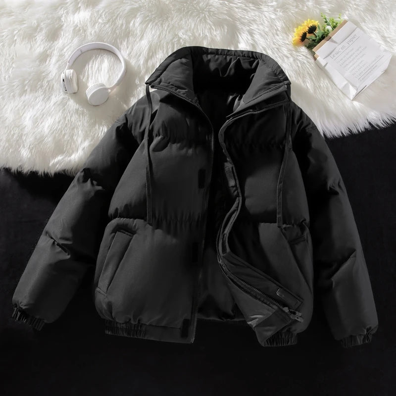 Winter Men Jacket New Leisure Simple Solid Color Stand Collar Male Outerwear Thicken Warm Loose Long Sleeve Zipper Soft Man Coat