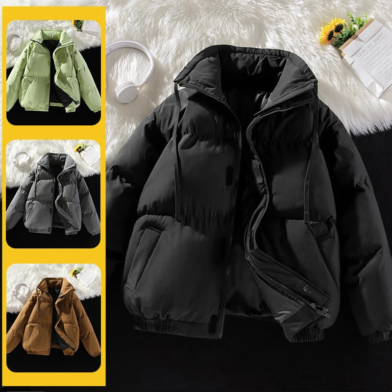 Winter Men Jacket New Leisure Simple Solid Color Stand Collar Male Outerwear Thicken Warm Loose Long Sleeve Zipper Soft Man Coat