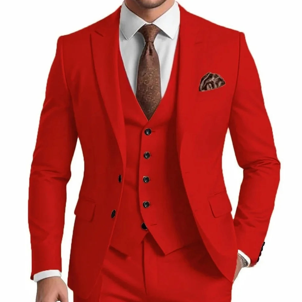 Suit (Blazer+ Vest + Trousers) Men's Fashionable Gentleman Business British Style Solid-color Banquet Host Casual Wedding Suit