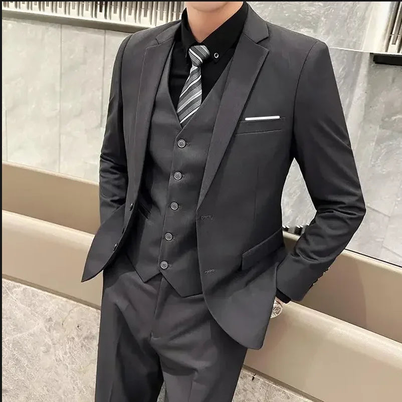 Suit (Blazer+ Vest + Trousers) Men's Fashionable Gentleman Business British Style Solid-color Banquet Host Casual Wedding Suit