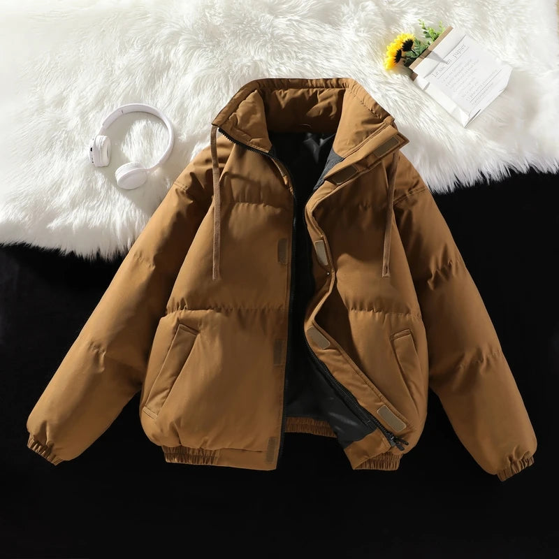 Winter Men Jacket New Leisure Simple Solid Color Stand Collar Male Outerwear Thicken Warm Loose Long Sleeve Zipper Soft Man Coat