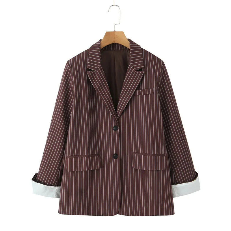 Women's Suit - Blogger Style Brown Striped Loose Fit Two-Button Versatile Blazer Spring and Autumn Fashion Women's Wear