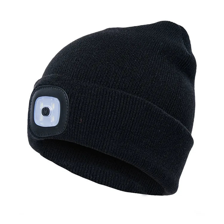 Winter Men Beanie Hat with LED Light Rechargeable Knitted Hat for Woman Cap Night Running Fishing Riding Sports Teenager Beanies