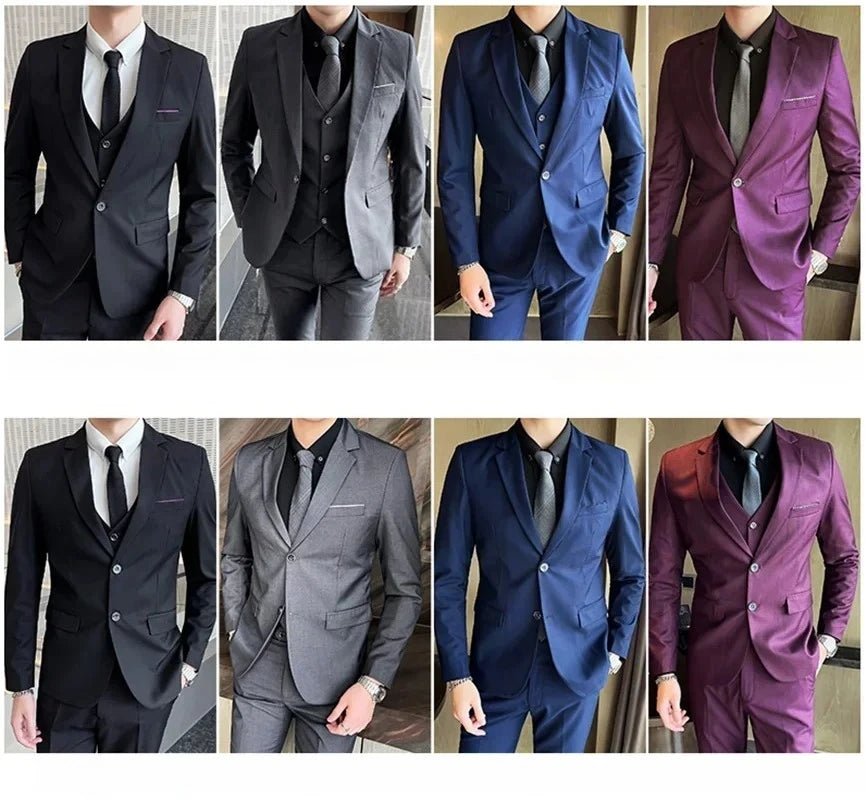 Suit  (Blazer+vest+pants)  Fashionable and Formal Outdoor Gentleman Solid Color Men's Business Wedding Host Gentleman's Suit