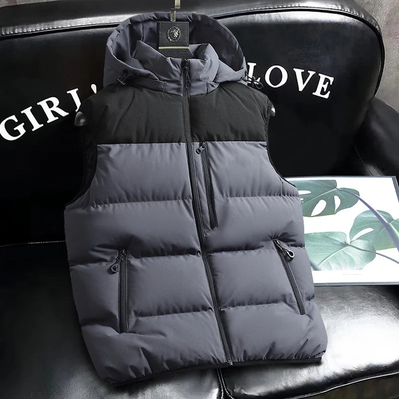 Winter Men Down Vest Contrast Color Cold-proof Windproof Sleeveless Zipper Man Coat Warm Pocket Detachable Hooded Male Waistcoat