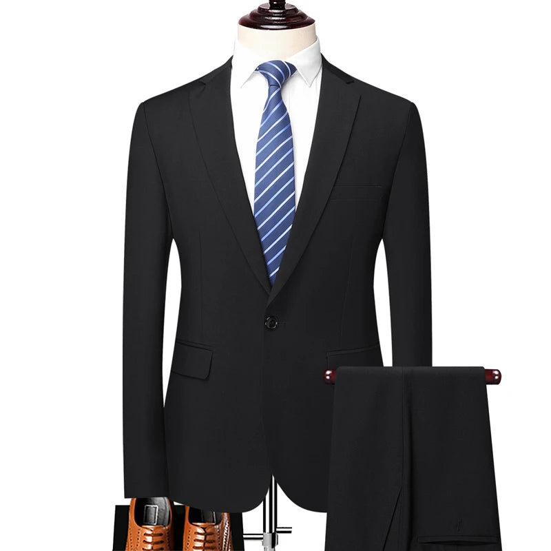 Suit (Blazer+ Pants) Fashion Men Business Casual British Style Solid Color Wedding Outdoor Gentleman Slim Professional Suit Suit