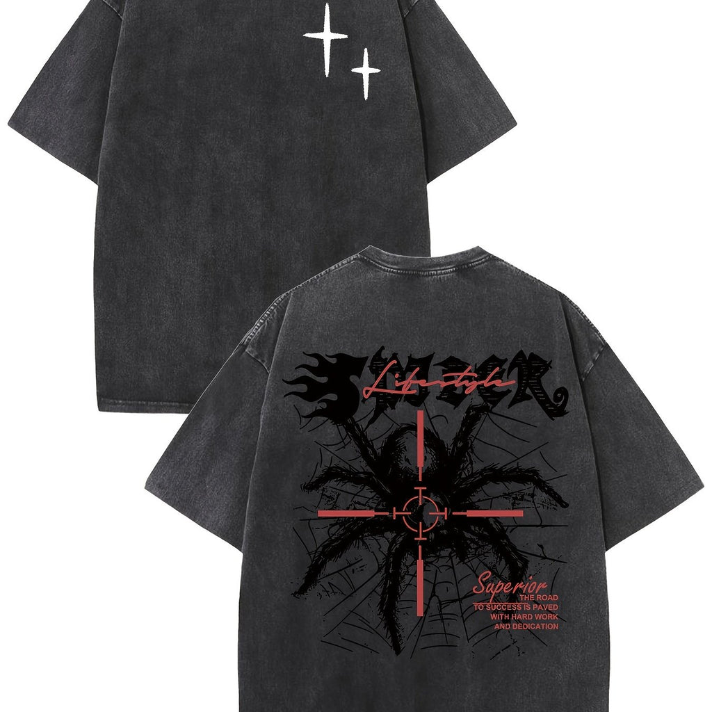 Retro Harajuku Street Spider Double-sided Print Pattern, Men's Retro Street Wear Basic T-shirt Loose Hip Hop Neutral Top Washed Cotton Short-sleeved Round Neck T-shirt, Summer Outdoor Men's Wear