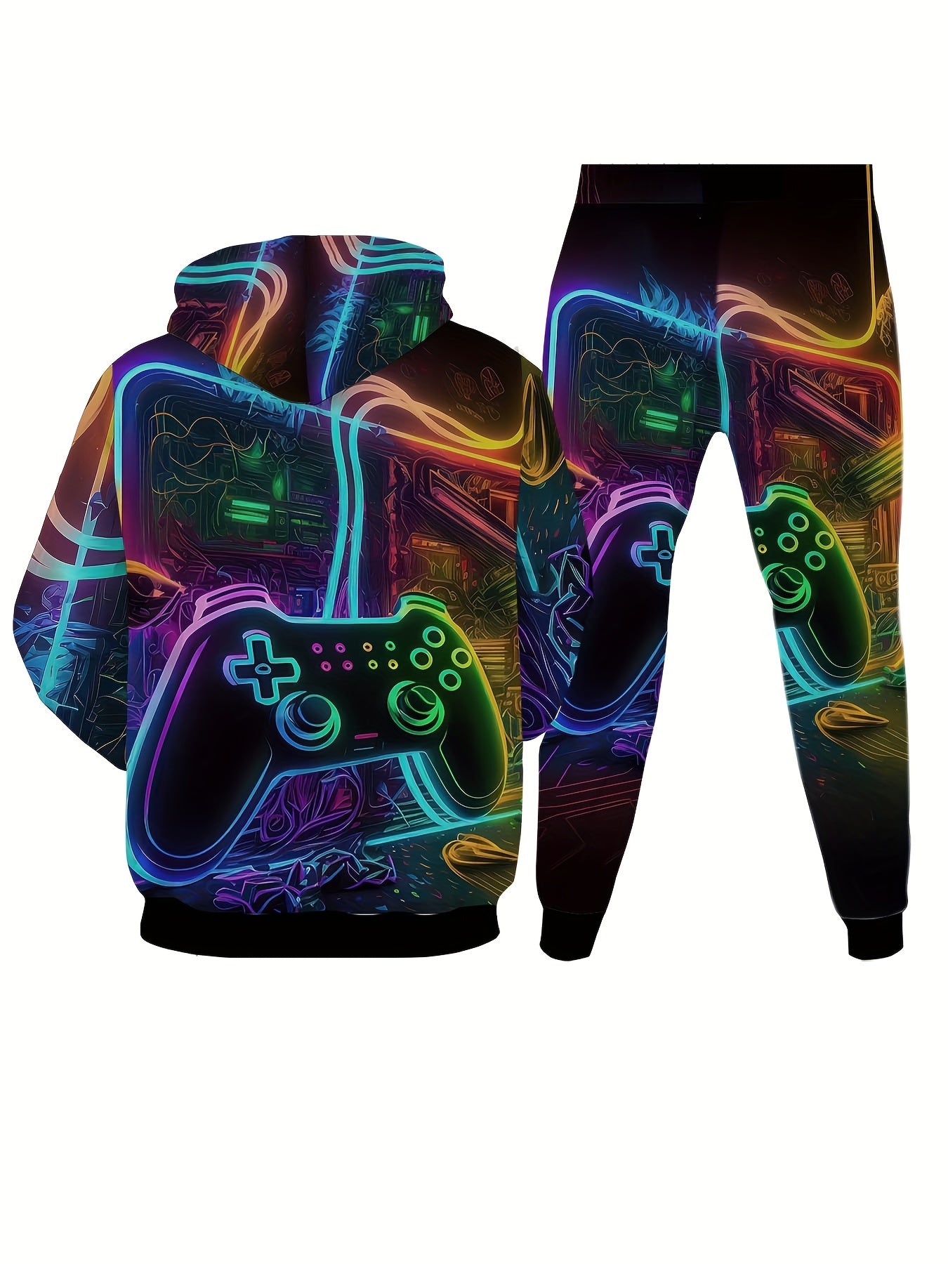 Game Console Printed Men's 2-piece Casual Hooded Sweatshirt Long Sleeved Sweatshirt Sweatpants Set Suitable For Winter And Autumn Men's Wear