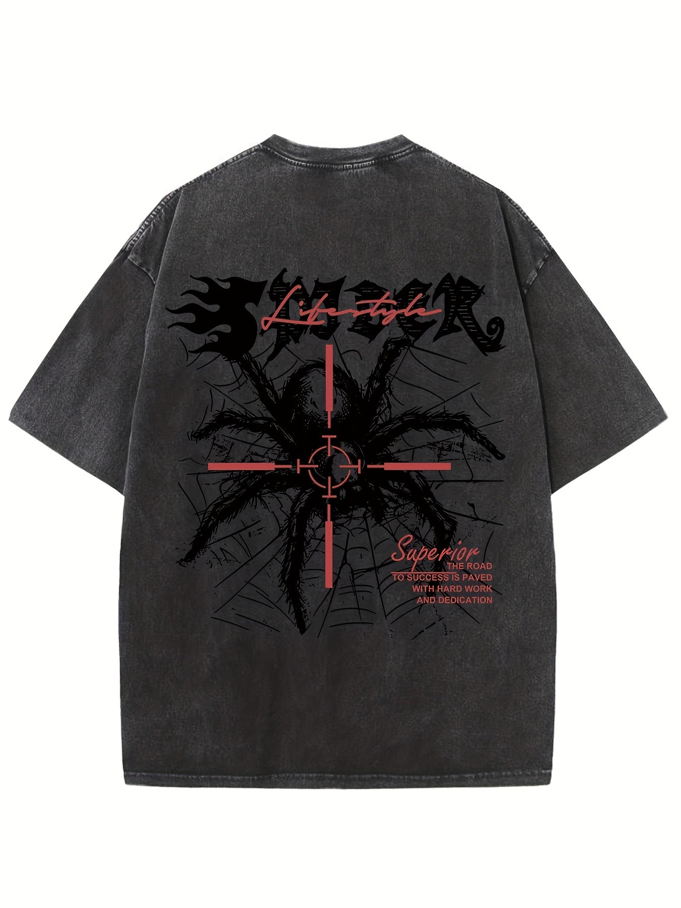 Retro Harajuku Street Spider Double-sided Print Pattern, Men's Retro Street Wear Basic T-shirt Loose Hip Hop Neutral Top Washed Cotton Short-sleeved Round Neck T-shirt, Summer Outdoor Men's Wear